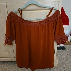Rue21 Women's Rust Orange Bohemian Style Lace Off The Shoulder Blouse Top NWOT